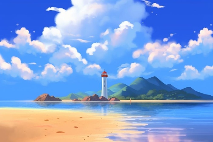 夏日阳光沙滩海浪蓝色插画背景(1344x896)