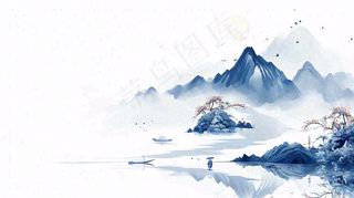 山水画简约白色河面插画手绘，中国风古风