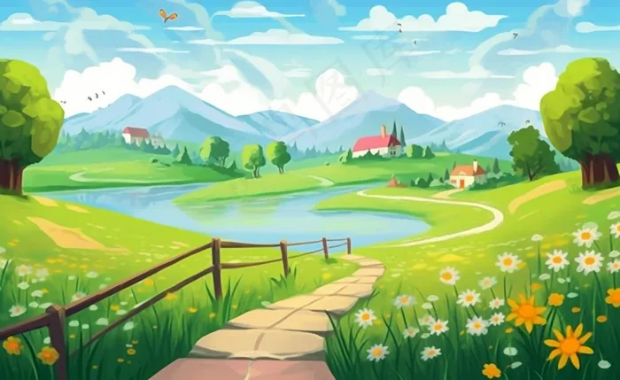 乡村村庄美丽风景河流插画农田插画背景(1408x864)