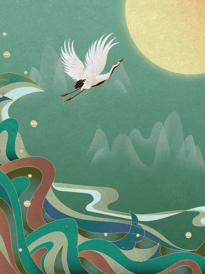 中国风国潮风山水祥云插画图案首页装修海报背景PSD设计模板素材