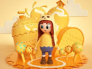 橙黄色C4D卡通田园风格女孩IP创意形象