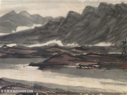 林风眠手绘水墨山脉湖畔风景画