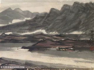 林风眠手绘水墨山脉湖畔风景画