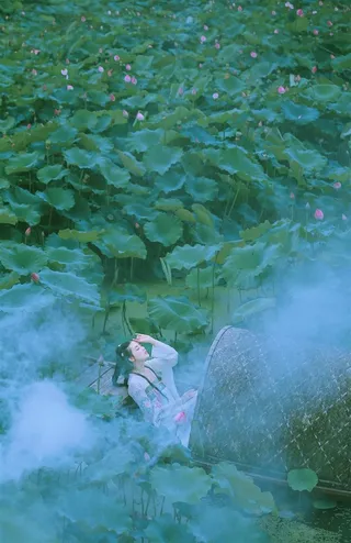 陶醉在荷塘里的古装美女图片