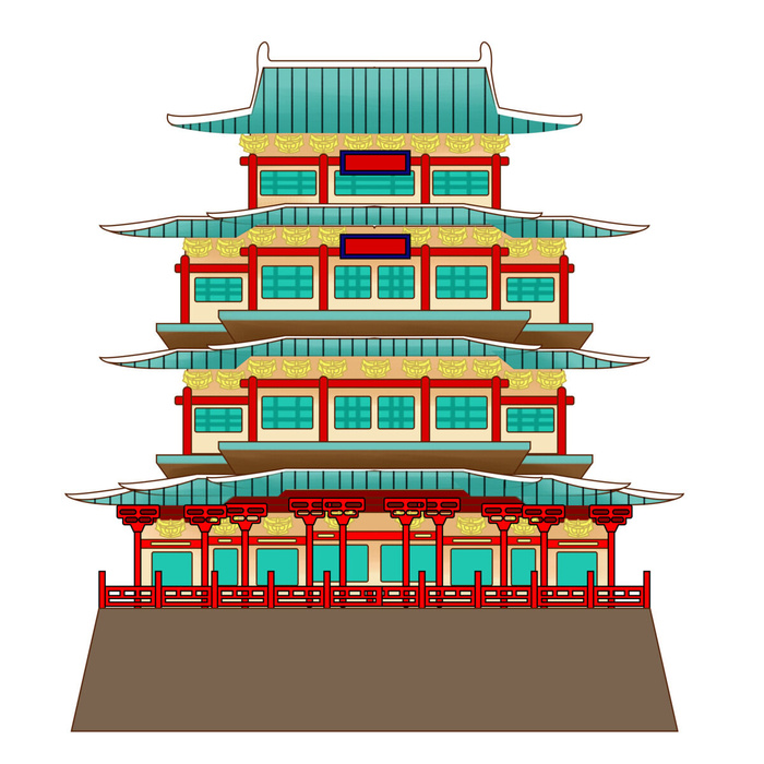 复古中国风国潮古建筑插画手绘高楼古塔PSD素材亭子png免抠图