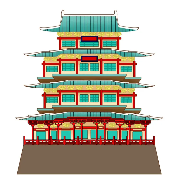 复古中国风国潮古建筑插画手绘高楼古塔PSD素材亭子png免抠图psd模版下载