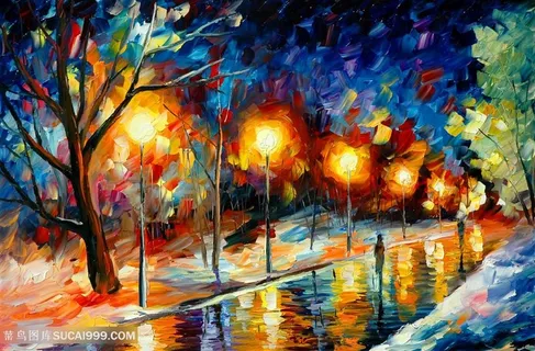 街道树林路灯水彩风景画插画 街道树林路灯水彩风景画插画