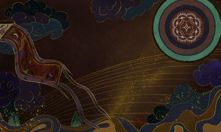 国潮中国风复古敦煌岩彩山水祥云插画烫金肌理背景PSD设计素材