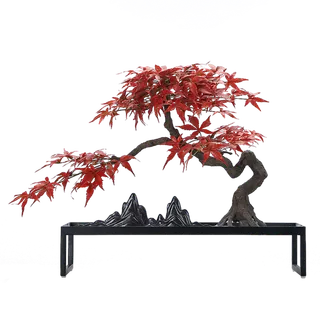 中式仿真红色鸡爪枫树枯山水玄关茶艺室茶桌禅意会所铁艺摆件免扣