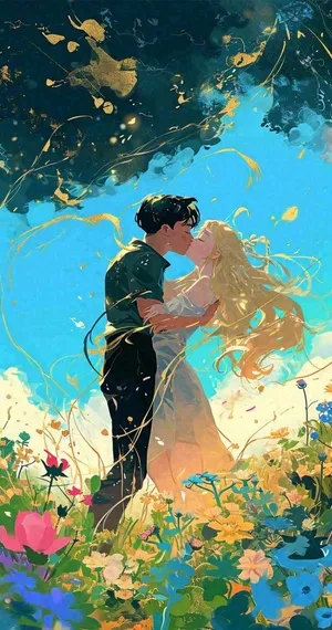 蓝天白云下情侣拥抱亲吻爱情，鲜花小草，情清新人节