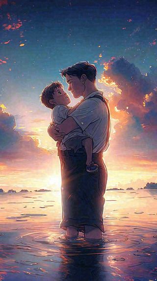 父爱父亲节海边落日温馨爱意浪漫插画