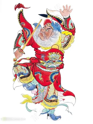 身穿红色衣服手拿金黄色的宝剑中国门神图片