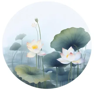 莲花荷花水墨圆框画免抠