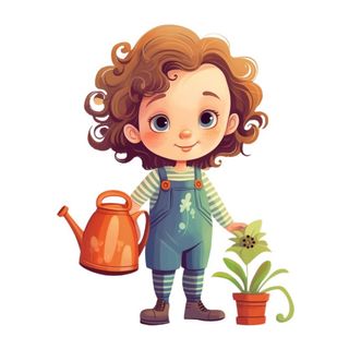 小女孩拿着水壶浇水绿植草人物插画免抠