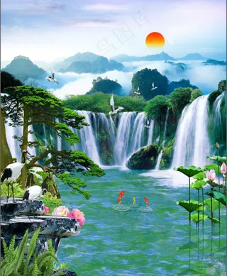 山水花鸟高山流水松树荷花锦鲤梅花丹顶鹤日出客厅卧室走廊装饰画玄关画
