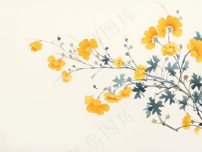 国风水墨画黄花枝条插画 (3696x2784)
