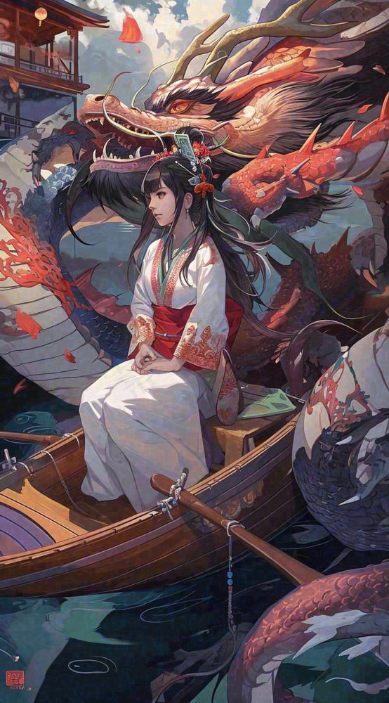 古风仙侠暗黑人物在河流上，龙中国风插画(816x1472)
