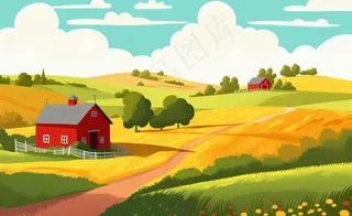 乡村村庄美丽风景河流插画农田插画背景