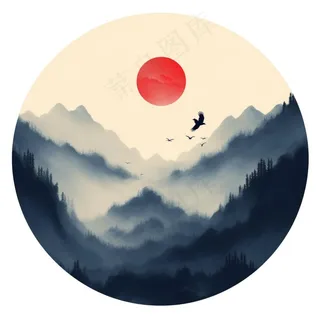 山水画水墨画圆形插画免抠