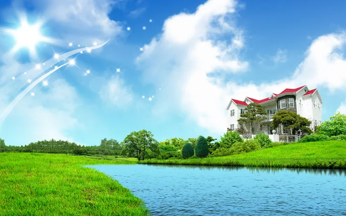 蓝天白云白绿草小湖风景