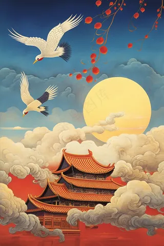 古风插画鹤鸟阁楼凉亭假山插画素材