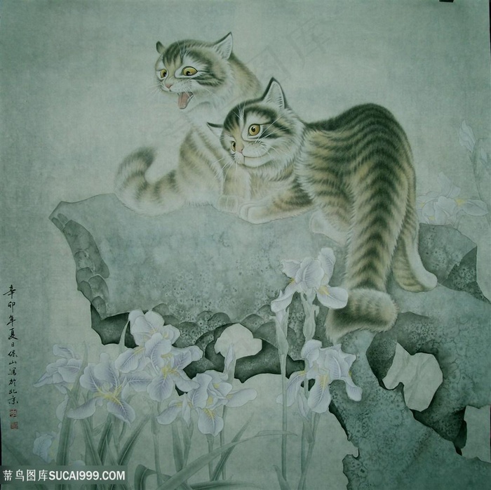 猫中式花卉装饰画