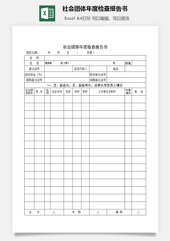 社会团体年度检查报告书excel模板