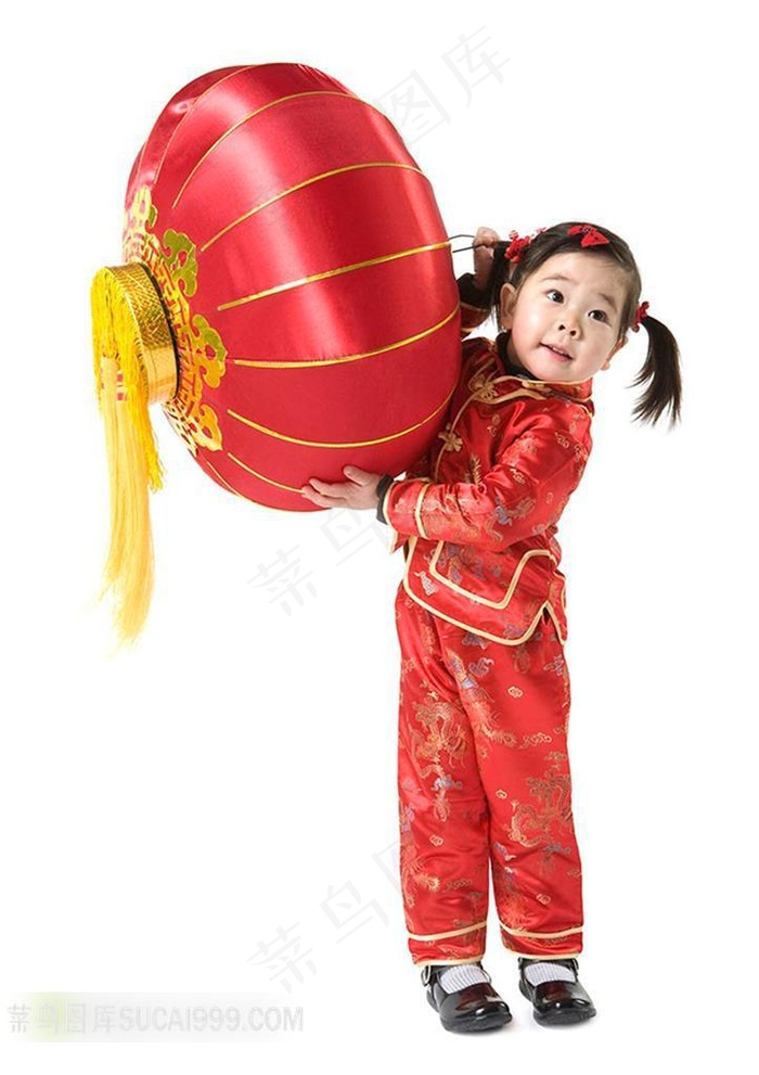 小女孩过新年拿大红灯笼素材