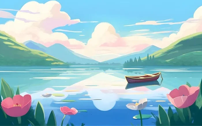 湖中泛舟山森林绿叶花风景插画海报素材背景(5504x3456)