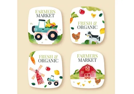 农场手绘插图标签矢量设计水彩插图
