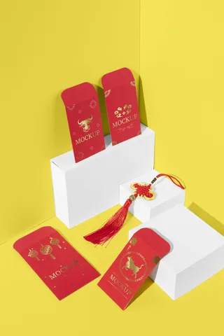 四个红包黄色背景样机