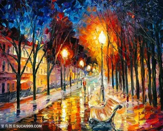 公园道路树林美景油画插画