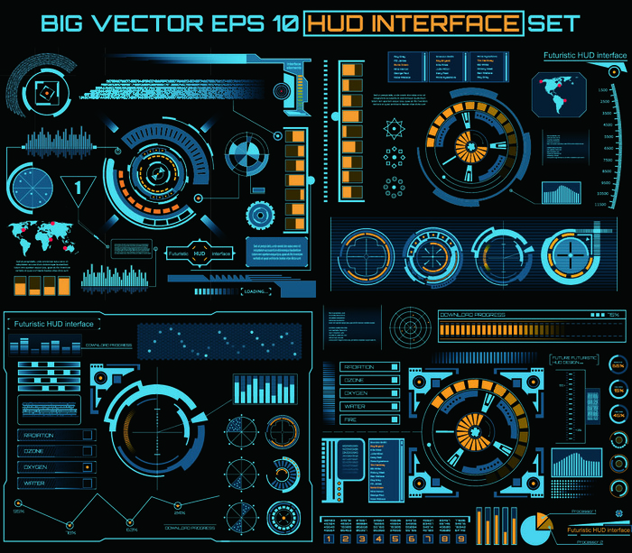 科幻未来科技操作仪表盘HUD元素图游戏UI图标界面边框矢量AI素材