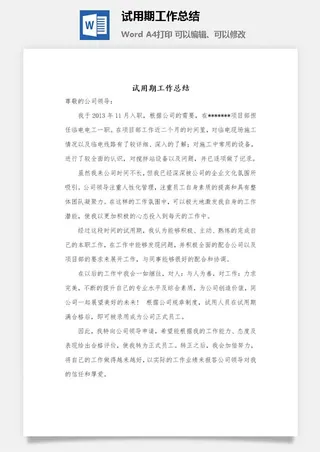 试用期工作总结word模板