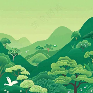 春天绿色扁平山脉绿植花草手绘，立夏春分