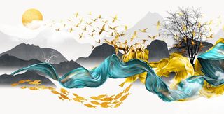 山水金鹿鱼群装饰画