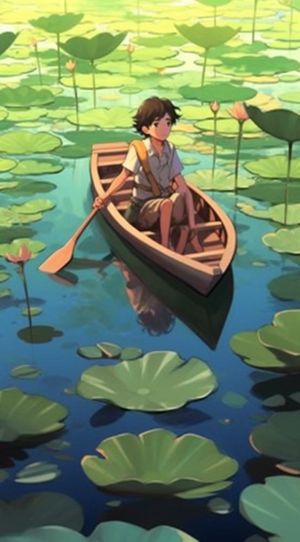 荷花荷叶池里划船的少年绿色插画背景