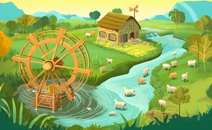 春天田园绿色自然风车水河流畜牧插画素材背景(5632x3456)