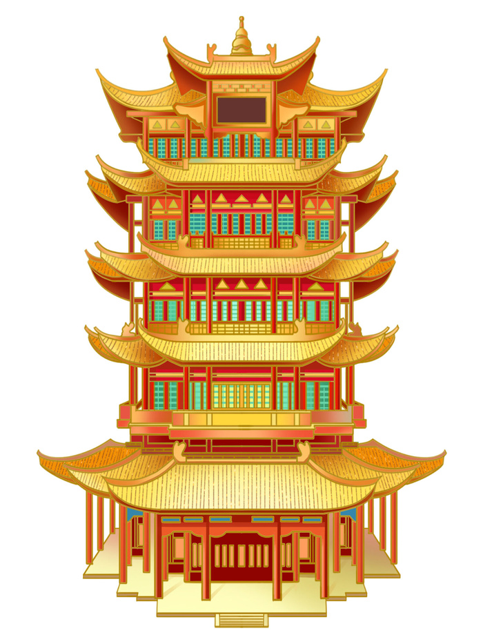 复古中国风国潮古建筑插画手绘高楼古塔PSD素材亭子png免抠图psd模版下载