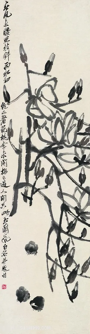 齐白石玉兰小鸡国画图片 齐白石玉兰小鸡国画图片