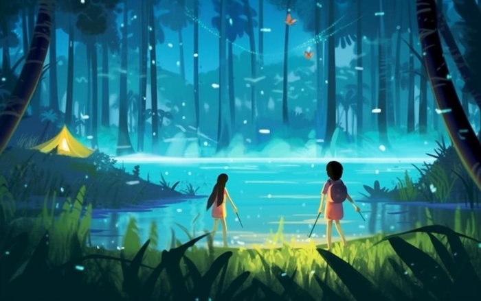 夜晚森林萤火虫蝴蝶插画背景