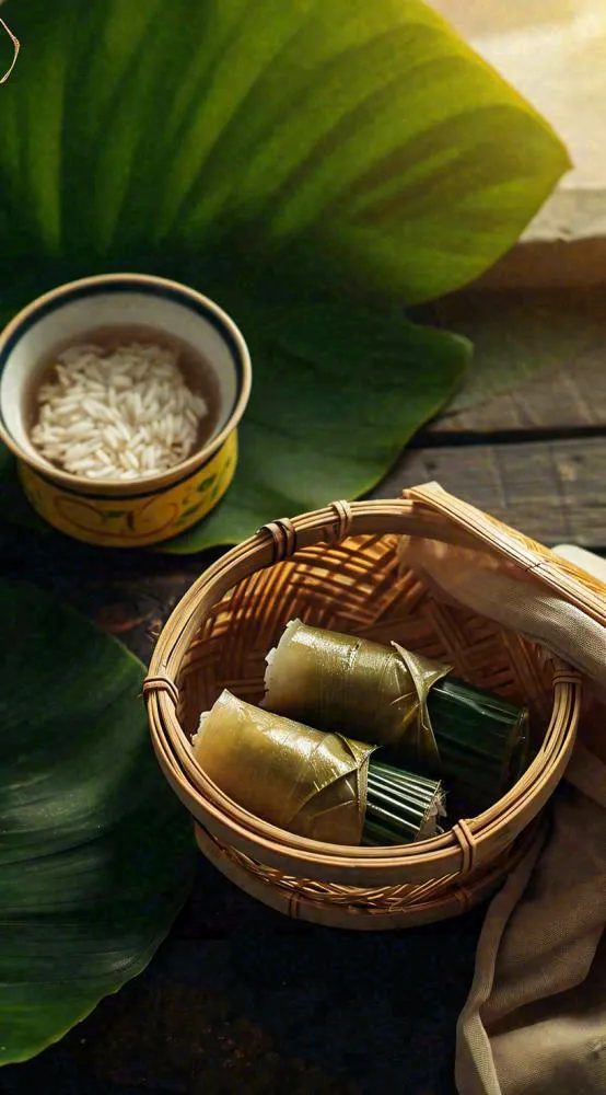 夏天端午阳光粽子粽叶竹篮米饭，芒种夏至(816x1472)