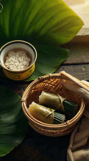 夏天端午阳光粽子粽叶竹篮米饭，芒种夏至