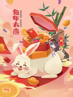 兔年新年兔子插图春节海报