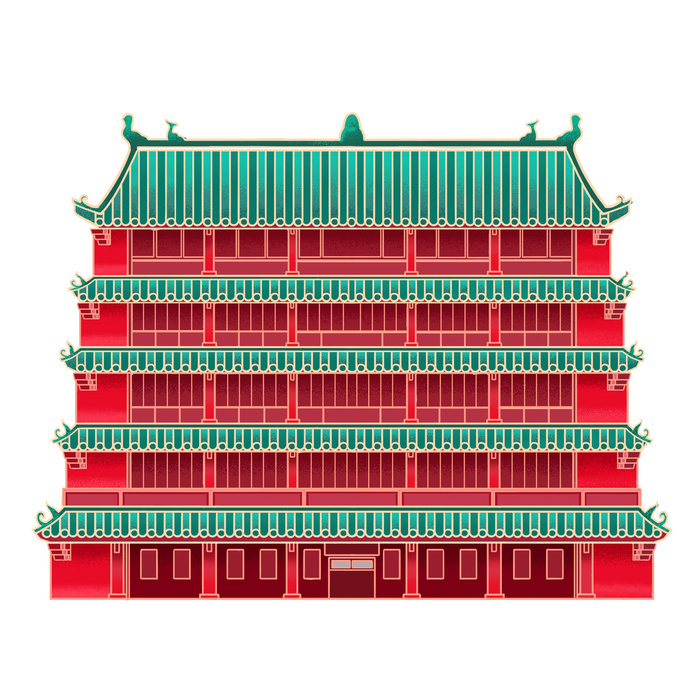 复古中国风国潮古建筑插画手绘高楼古塔PSD素材亭子png免抠图