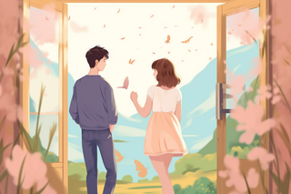 粉色鲜花的房子里的情侣牵手向外面的草原山川走去插画图 