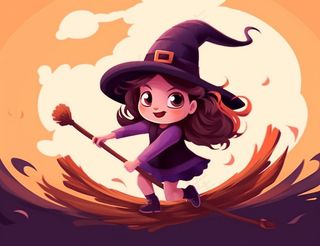万圣节女巫骑扫把紫色卡通插画背景