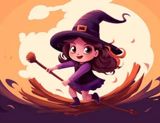 万圣节女巫骑扫把紫色卡通插画背景