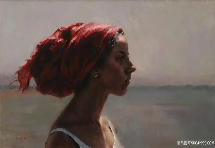 女性侧脸海景油画风景画