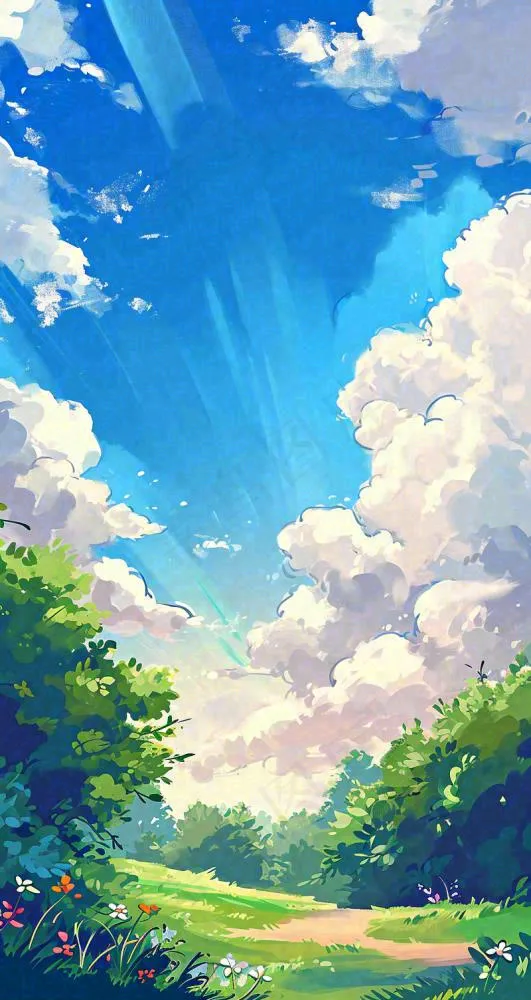 蓝天白云小花绿树树木草地插画手绘，春天春分(800x1504)